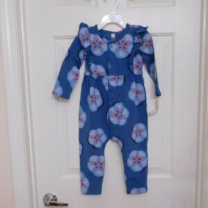 NWT Tea Collection Teal Ikat Floral Snap Pants Romper sz 12-18 Months